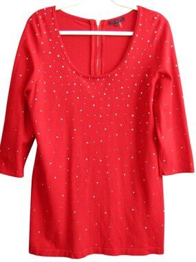 Fontana Red Silver Studded Top Womens Size XL 3/4 Sleeve Scoop Neck Stretch